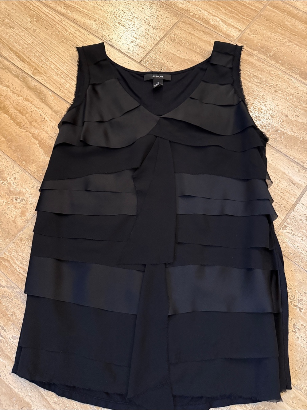 Alfani Black V-Neck Layered Satin-Trim Mixed Media Top size Small
